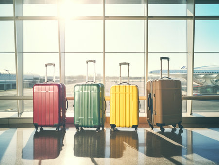 Multi colored travel suitcases at the departure lounge at the airport terminal. Travel by airplane concept.の素材