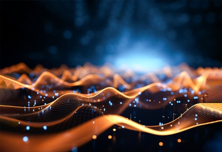 Abstract sound waves or data transmission in gold glow color. Copy space.の素材