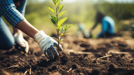 Planting new tree in the soil. Concept for Earth Day or global warming campaign.の素材