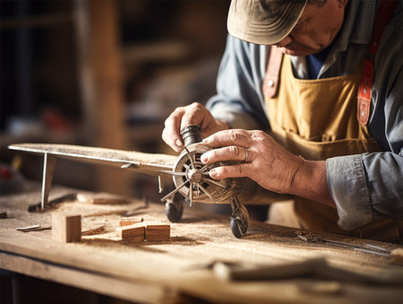 Carpenter or craftsman making a toy airplane in his wood workshop.の素材