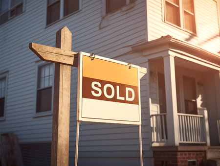 A sold signboard in front of a residential property. Real estate or property investment concept.の素材