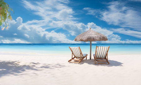 Vacation by a lovely white sandy beach with beach chairs and umbrella.の素材