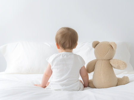 Back of baby with a teddy bear on white color bed. Copy space.の素材