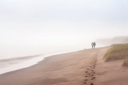 Couple walking on the beach. Misty and foggy morning landscape. Copy space.の素材