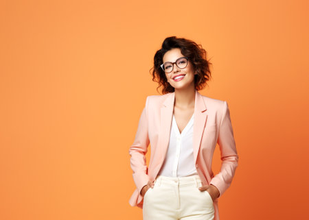 Smart looking businesswoman standing, isolated on peach fuzz background. Copy space.の素材