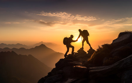 Hiker helping partner on mountain climbing by reaching out hand to pull him a step up. Golden sunrise background. Teamwork and determination concept.の素材