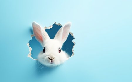 Curious white bunny peeking through a hole. Copy space. Easter concept.の素材