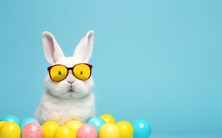 Bunny and colorful eggs. On light blue background, copy space. Easter concept.の素材