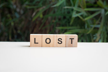 Lost, word written on square wood block, on top of white table with palm plant at the background.の写真素材