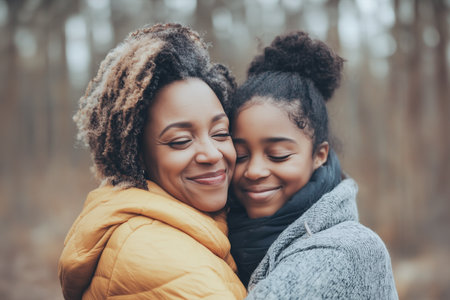 Black woman embracing her daughter. In the woods.の素材