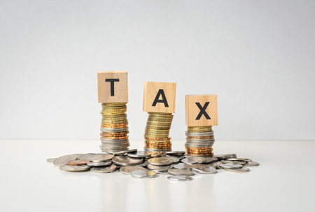 Tax word on wooden blocks, on top of coins, stacked and lying on table. Isolated on white background.の写真素材