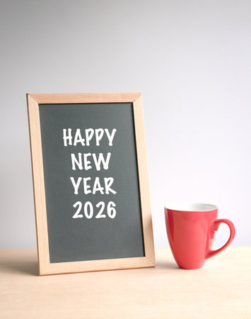 Happy New Year 2026, on standing chalkboard, next to red coffee mug.
