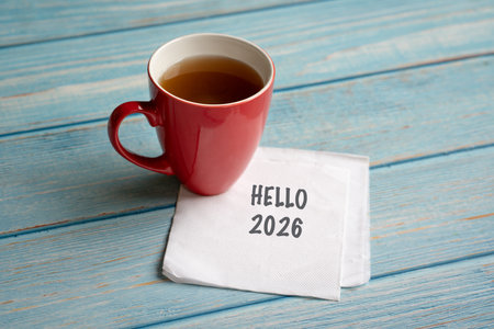 Hello 2026 on white paper napkin next to red coffee cup.