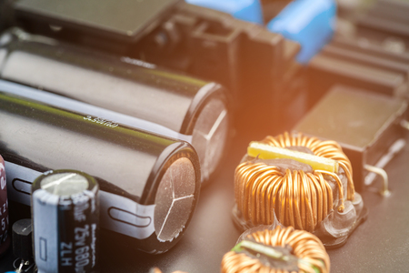 closeup detail of a black electronic circuit board.selective focus.