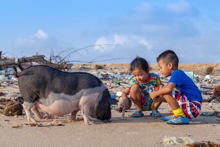 Rayong, Thailand: December 27 2019: connection between animals and kids concept. Sportive mixed race pig and children playing together. Active child with pig having fun.の写真素材