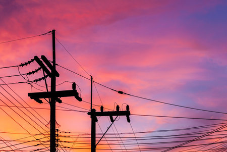 silhouettes Electrical  in dawn, Thailand. (Vertical)の写真素材