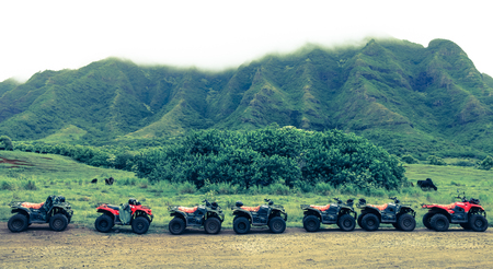ATVs in a row at Kualoa Ranch, Hawaiiの写真素材