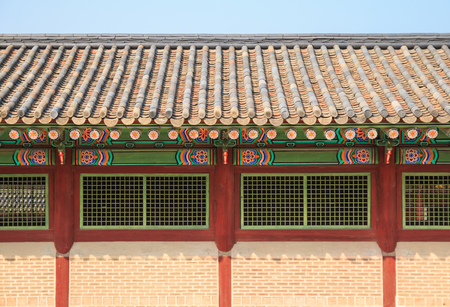 Traditional Korean architecture at Gyeongbokgung Palace in Seoul, South Korea.
