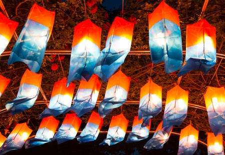 Cheongsachorong, traditional Korean lantern with a red-and-blue silk shadeの写真素材