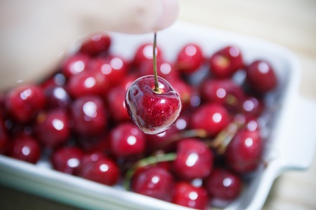 Close up of pile of ripe cherries with stalks and leaves. Large collection of fresh red cherries....