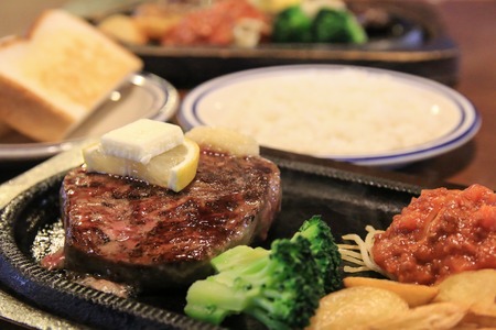 grilled beef sirloin steak with side dishesの写真素材
