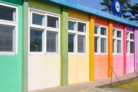 Korean small school building painted with pastel tone in Jeju Islandの写真素材