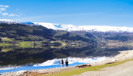 calm and peaceful landscape and reflection in water. Landscape of Voss, situated in the middle of...