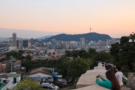 beautiful sunset and cityscape of Seoul, capital city of South Koreaの写真素材