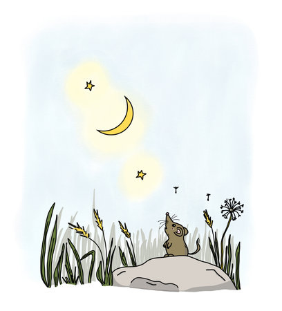 Mouse sitting on a rock at night. Hand drawn illustration. Moon with Jupiter and Venusの写真素材