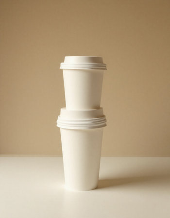 White paper coffee cup on a beige background with copy space.の素材