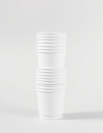 Disposable white paper cups on white background. 3d renderingの素材
