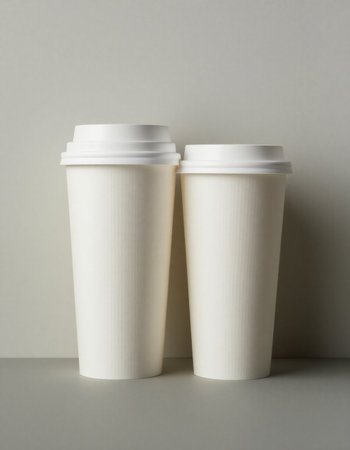 Two paper coffee cups on grey background. Mockup for design.の素材