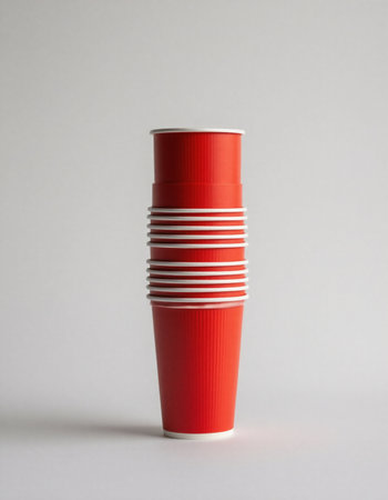 Red plastic cup on a white background. Recycling concept.の素材