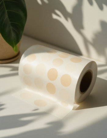 Roll of toilet paper on a white background with shadow from the window.の素材
