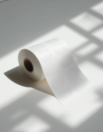 Roll of toilet paper on a white background with a shadow from the windowの素材