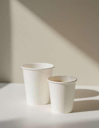Two white paper cups on a white background with shadows from the sunの素材