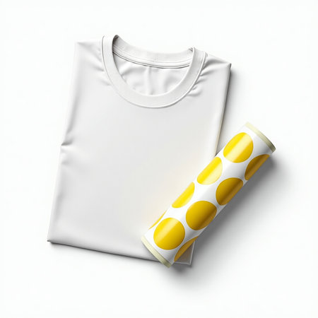 White T-shirt with yellow polka dots on a white backgroundの素材