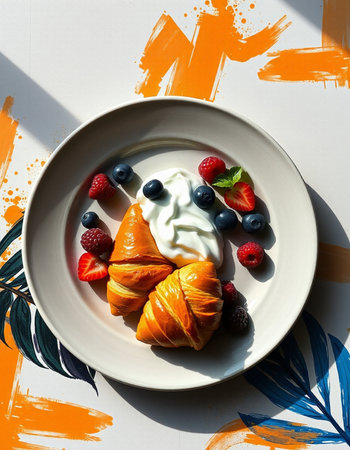 Croissant with whipped cream and fresh berries on a plate.の素材