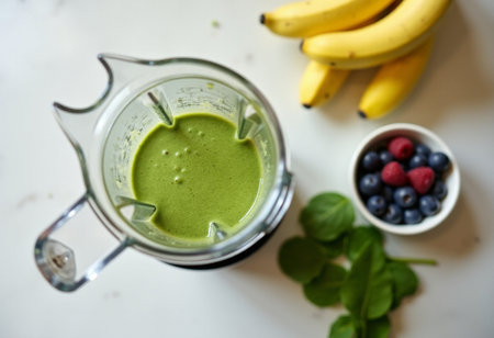Healthy green smoothie with banana, blueberry and spinach in a blenderの素材