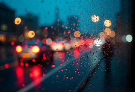 rain drops on the glass, blurred traffic in the city at nightの素材