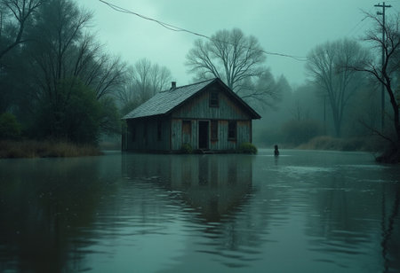 Old wooden house on the bank of the river in the fog.の素材
