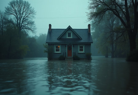 Old house in the middle of a flooded forest on a misty dayの素材