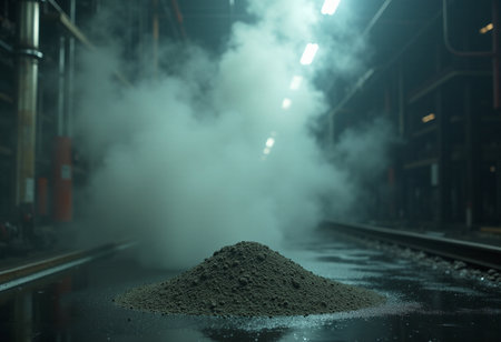 Industrial background with a heap of coal on railroad track at nightの素材