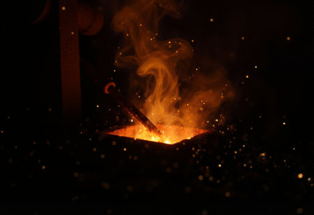 Welding torch with sparks and smoke on a black background.の素材
