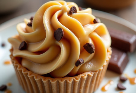 Cupcake with cream and chocolate on a white plate, closeupの素材