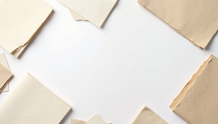 Pieces of old brown crumpled paper on white background.の素材