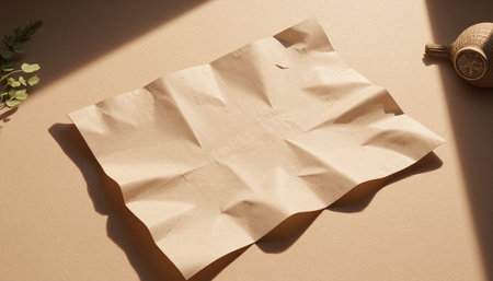 Crumpled brown paper on a beige background with copy spaceの素材