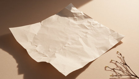 Crumpled sheet of paper on a beige background with shadowsの素材