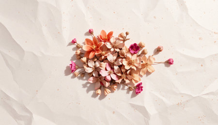 Dried flowers on crumpled white paper background, top viewの素材