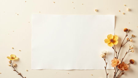 Blank paper sheet and flowers on beige background, top viewの素材